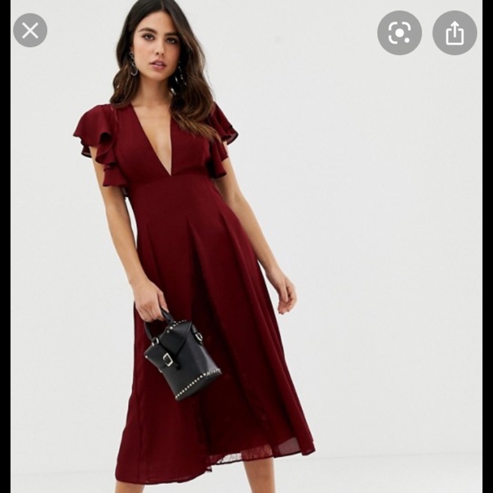 Maroon midi dress with lace panels